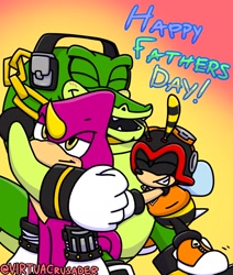 Size: 1424x1677 | Tagged: safe, artist:virtuacrusader, charmy bee, espio the chameleon, vector the crocodile, 2025, eyes closed, father's day, gradient background, hugging, lidded eyes, signature, smile, team chaotix, text, trio, wholesome