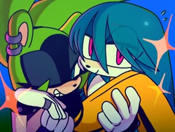 Size: 1080x810 | Tagged: safe, artist:why_z3033, kit the fennec, surge the tenrec, 2025, blue background, carrying them, cute, duo, eye clipping through hair, kitabetes, lidded eyes, looking at viewer, simple background, smile, smiling at viewer, sparkles, standing, surgabetes, wink, winking at viewer