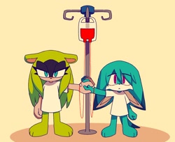 Size: 1494x1221 | Tagged: safe, artist:why_z3033, kit the fennec, surge the tenrec, 2025, alternate outfit, barefoot, cute, drip stand, duo, eye clipping through hair, floppy ears, frown, holding hands, hospital gown, kitabetes, lidded eyes, looking at viewer, shadow (lighting), simple background, standing, surgabetes, yellow background