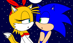 Size: 1024x610 | Tagged: safe, artist:hyperspike759, miles "tails" prower, sonic the hedgehog, fox, hedgehog, 2015, abstract background, alternate outfit, base used, clothes, dress, duo, eyelashes, fanfiction art, flat colors, half r63 shipping, headband, headscarf, imminent kissing, lidded eyes, looking at each other, moon, mouth open, nighttime, outdoors, shipping, sonic x tails, star (sky), straight