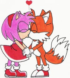 Size: 304x336 | Tagged: safe, artist:nintendomaximus, amy rose, miles "tails" prower, 2005, classic tails, duo, eyes closed, flat colors, heart, holding hands, kiss, shipping, simple background, standing, straight, tailamy, traditional media, white background