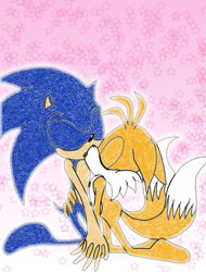 Size: 607x800 | Tagged: safe, artist:deviousblackmage12, miles "tails" prower, sonic the hedgehog, 2007, abstract background, barefoot, duo, eyes closed, gay, gloves off, hand on hip, holding hands, kiss, kneeling, shipping, shoes off, socks off, sonic x tails, star (symbol)