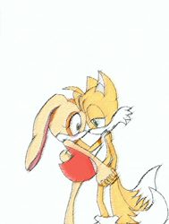 Size: 604x800 | Tagged: safe, artist:deviousblackmage12, cream the rabbit, miles "tails" prower, 2007, blushing, duo, gloves off, holding hands, lidded eyes, looking at each other, no mouth, shipping, simple background, standing, straight, taiream, white background