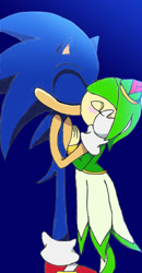 Size: 403x773 | Tagged: safe, artist:deviousblackmage12, cosmo the seedrian, sonic the hedgehog, 2007, blushing, cosmo x sonic, duo, eyes closed, hand on face, holding each other, kiss, rarepair, shipping, standing, straight