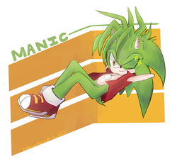 Size: 700x627 | Tagged: safe, artist:deooart, hedgehog, 2015, abstract background, character name, hands behind head, lying back, lying down, manic the hedgehog, smile, solo, sparkles, text, wink