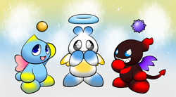 Size: 2000x1100 | Tagged: safe, artist:moonbowdragon, chao, 2020, clenched teeth, dark chao, frown, gradient background, hero chao, looking up, neutral chao, sharp teeth, smile, standing, trio