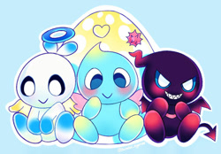 Size: 1024x713 | Tagged: safe, artist:sweetie-cyanide, chao, 2019, :>, blue background, blushing, chao egg, chaobetes, clenched teeth, cute, dark chao, egg, hero chao, neutral chao, outline, sharp teeth, simple background, sitting, smile, trio