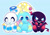 Size: 1024x713 | Tagged: safe, artist:sweetie-cyanide, chao, 2019, :>, blue background, blushing, chao egg, chaobetes, clenched teeth, cute, dark chao, egg, hero chao, neutral chao, outline, sharp teeth, simple background, sitting, smile, trio