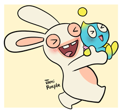 Size: 821x746 | Tagged: safe, artist:jamipurpleflower, chao, 2023, border, carrying them, crossover, cute, duo, eyes closed, holding them, mouth open, neutral chao, open smile, rabbid, signature, simple background, smile, walking, yellow background