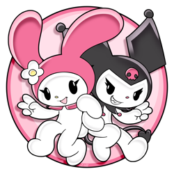 Size: 3000x3000 | Tagged: safe, artist:caikslyce, rabbit, 2023, barely sonic related, clenched teeth, crossover, cute, double v sign, duo, kuromi, linking arms, mouth open, my melody, open smile, sanrio, sharp teeth, simple background, smile, smiling at viewer, transparent background, uekawa style, v sign