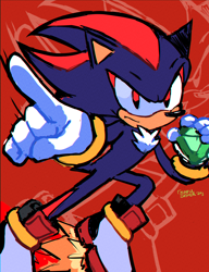 Size: 3300x4300 | Tagged: safe, artist:crystalkandy, shadow the hedgehog, 2024, chaos emerald, fire, flame, frown, holding something, looking at viewer, pointing, pointing at viewer, signature, solo