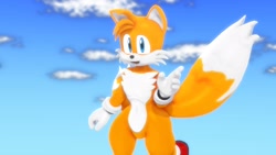 Size: 1920x1080 | Tagged: safe, artist:kabalmystic, artist:makioria, artist:sab64, miles "tails" prower, 2021, 3d, clouds, looking at viewer, mouth open, open smile, pointing, smile, smiling at viewer, solo