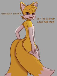 Size: 3000x4000 | Tagged: safe, artist:themanwiththemole, miles "tails" prower, 2019, aged up, dialogue, ear piercing, earring, english text, femboy, gloves, grey background, long gloves, mouth open, older, open smile, signature, simple background, smile, smiling at viewer, socks, solo, standing, stockings, text, thick thighs, thigh high socks
