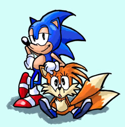 Size: 505x511 | Tagged: safe, artist:rhedmoz, miles "tails" prower, sonic the hedgehog, 2024, blue shoes, duo, green fur, leaning on them, mouth open, shadow (lighting), shoes, simple background, sitting, smile, smiling at viewer, socks, standing, treads