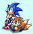 Size: 505x511 | Tagged: safe, artist:rhedmoz, miles "tails" prower, sonic the hedgehog, 2024, blue shoes, duo, green fur, leaning on them, mouth open, shadow (lighting), shoes, simple background, sitting, smile, smiling at viewer, socks, standing, treads