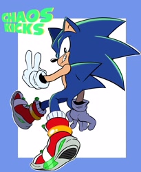 Size: 2300x2800 | Tagged: safe, artist:apprehensive_turn748, sonic the hedgehog, alternate outfit, backwards v sign, gloves, looking at viewer, looking back, looking back at viewer, shoes, smile, smiling at viewer, socks, solo, text, treads, two-toned background, v sign