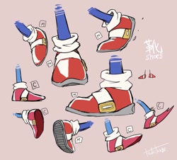 Size: 1032x932 | Tagged: source needed, safe, artist:tsukikage, sonic the hedgehog, beige background, classic sonic, design comparison, shoes, signature, simple background, solo, text, treads