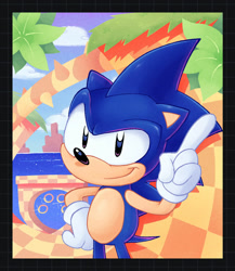 Size: 1024x1179 | Tagged: safe, artist:lumspark, sonic the hedgehog, green hill zone, sonic the hedgehog (1991), 2021, abstract background, classic sonic, clouds, daytime, grass, hand on hip, looking at viewer, loop, outdoors, redraw, ring, smile, smiling at viewer, solo, standing, wagging finger