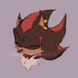 Size: 1000x1000 | Tagged: safe, artist:shadpiokisses, shadow the hedgehog, 2025, bust, cheek fluff, chest fluff, clenched teeth, ear piercing, earring, eyebrow piercing, eyes closed, face piercing, nose piercing, nose ring, purple background, signature, simple background, smile, solo
