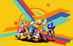 Size: 440x280 | Tagged: safe, artist:doa687, knuckles the echidna, metal sonic, mighty the armadillo, miles "tails" prower, ray the flying squirrel, sonic the hedgehog, sonic mania, 2018, abstract background, black sclera, classic knuckles, classic mighty, classic ray, classic sonic, classic tails, group, pixel art, redraw, robot, smile, sonic mania plus, sprite