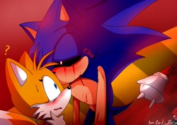 Size: 1754x1240 | Tagged: safe, artist:ducred-blue, knuckles the echidna, miles "tails" prower, sonic the hedgehog, oc, oc:sonic.exe, oc:tailsko, 2024, abstract background, bending over, black sclera, bleeding, bleeding from eyes, blushing, chu, clenched fist, crying, duo focus, eyelashes, gender swap, half r63 shipping, kiss, kiss on cheek, lidded eyes, mouth open, question mark, sfx, shipping, sonic x tails, sonic.exe x tails, standing, straight, tears, trio