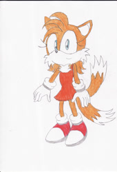 Size: 2264x3332 | Tagged: safe, artist:bluespeedsfan92, miles "tails" prower, oc, oc:tailsko, 2011, clothes, dress, flat colors, gender swap, looking at viewer, simple background, smile, smiling at viewer, solo, standing, traditional media, white background