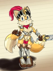 Size: 1536x2048 | Tagged: safe, artist:slayerlazenca, miles "tails" prower, oc, oc:tailsko, 2024, :<, blushing, breasts, frown, gender swap, holding something, knight armor, lined paper, looking at viewer, shadow (lighting), signature, small breasts, solo, standing, stomach fluff, sword, traditional media, valiant knight tails, weapon