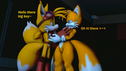 Size: 1280x720 | Tagged: safe, artist:initialdriftbro, miles "tails" prower, 2025, 3d, abstract background, aged up, alternate outfit, belt, boots, brown gloves, clothes, dialogue, duo, ear fluff, english text, eyewear on head, featureless crotch, gay, gloves, goggles, goggles on head, hair up, holding something, lidded eyes, looking at each other, older, ponytail, self paradox, selfcest, sfm, shipping, smile, standing, tails x tails, text