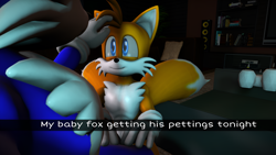 Size: 2560x1440 | Tagged: safe, artist:initialdriftbro, miles "tails" prower, oc, oc:ryan the fox, fox, 2023, 3d, abstract background, canon x oc, caption, duo, english text, gay, headpats, indoors, petting, ryan x tails, sfm, shipping, smile, snapchat, text