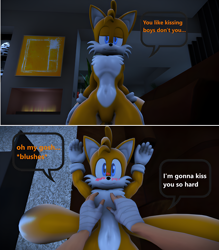 Size: 2526x2880 | Tagged: safe, artist:initialdriftbro, miles "tails" prower, human, 2024, 3d, abstract background, belly button, blushing, boykisser meme, canon x oc, dialogue, duo, english text, featureless crotch, gay, hand on chest, house, human male, human on mobian action, indoors, looking at viewer, lying down, meme, pov, sfm, shipping, smile, solo focus, speech bubble, standing, text