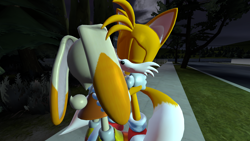 Size: 1280x720 | Tagged: safe, artist:legomanmaniac, cream the rabbit, miles "tails" prower, fox, rabbit, 2022, 3d, cute, duo, eyes closed, grass, hugging, moon, nighttime, outdoors, road, sfm, shipping, smile, standing, straight, taiream, tree