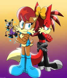 Size: 3000x3500 | Tagged: safe, artist:fartist2020, fiona fox, nicole the hololynx, sally acorn, chipmunk, fox, lynx, squirrel, hololynx, sally's vest and boots, trio