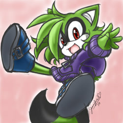 Size: 592x589 | Tagged: safe, artist:chibi-jen-hen, oc, oc:ruby the racoon, raccoon, 2010, gradient background, looking at viewer, mid-air, mouth open, oc only, open smile, signature, smile, smiling at viewer, solo