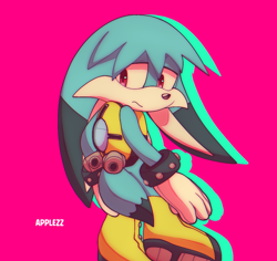 Size: 1186x1121 | Tagged: safe, artist:applezz_4, kit the fennec, 2025, frown, lidded eyes, looking back, pink background, signature, simple background, solo