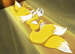 Size: 2100x1500 | Tagged: safe, artist:micazee, miles "tails" prower, 2025, abstract background, eyes closed, indoors, light, lying down, lying on side, sleeping, solo