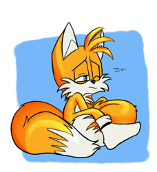 Size: 900x986 | Tagged: safe, artist:andrillia, miles "tails" prower, 2023, abstract background, looking offscreen, one eye closed, shoes off, sitting, socks, solo, tail fluff, tired, zzz