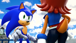 Size: 3840x2160 | Tagged: safe, artist:hunicrio, sally acorn, sonic the hedgehog, chipmunk, hedgehog, 2025, 3d, blender (medium), duo, sally x sonic, sally's ringblader outfit, shipping, straight