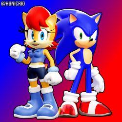 Size: 3840x3840 | Tagged: safe, artist:hunicrio, sally acorn, sonic the hedgehog, chipmunk, hedgehog, 2022, 3d, blender (medium), duo, gradient background, sally x sonic, sally's ringblader outfit, shipping, straight