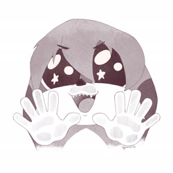 Size: 2048x2048 | Tagged: safe, artist:squorkalart, kit the fennec, 2025, against glass, cute, expressions meme, eyebrow clipping through hair, eyebrows clipping through hair, fangs, greyscale, kitabetes, meme, monochrome, mouth open, open smile, smile, solo, starry eyes