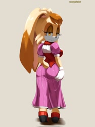 Size: 1536x2048 | Tagged: safe, artist:soranygyart, vanilla the rabbit, female, lidded eyes, looking at viewer, looking back, looking back at viewer, simple background, smile, smiling at viewer, solo