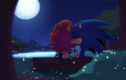 Size: 2220x1412 | Tagged: safe, artist:risziarts, sally acorn, sonic the hedgehog, chipmunk, hedgehog, 2024, duo, kiss, lake, moon, nighttime, sally x sonic, sally's ringblader outfit, shipping, sitting, straight