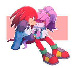 Size: 1300x1200 | Tagged: safe, artist:cheroy, julie-su, knuckles the echidna, echidna, 2019, alternate outfit, blushing, carrying them, female, julie-su x knuckles, male, ponytail, shipping, shy, simple background, straight