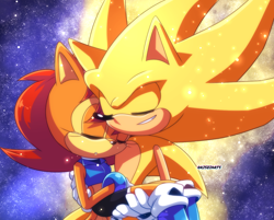 Size: 1440x1155 | Tagged: safe, artist:risziarts, sally acorn, sonic the hedgehog, super sonic, chipmunk, hedgehog, 2023, carrying them, duo, female, male, sally x sonic, sally's ringblader outfit, shipping, sleeping, space, straight, super form
