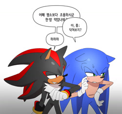 Size: 1466x1361 | Tagged: safe, artist:guitar_00000001, shadow the hedgehog, sonic the hedgehog, 2025, duo, grin, korean text, lidded eyes, looking at them, simple background, smile, speech bubble, white background