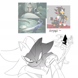 Size: 1873x1881 | Tagged: safe, artist:guitar_00000001, shadow the hedgehog, 2025, bloodshot eyes, final fantasy, greyscale, holding something, korean text, looking at viewer, monochrome, reference inset, sephiroth, simple background, sketch, solo, standing, sword, weapon, white background