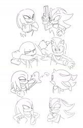Size: 1191x1823 | Tagged: safe, artist:guitar_00000001, knuckles the echidna, shadow the hedgehog, 2025, arms folded, comic, duo, frown, greyscale, gun, holding something, lidded eyes, looking at each other, looking at them, monochrome, simple background, sketch, throwing, white background