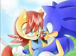 Size: 720x538 | Tagged: safe, artist:kiipuonranningu, sally acorn, sonic the hedgehog, chipmunk, hedgehog, blushing, daytime, deactivated deviantart account, duo, female, grass, looking at each other, lying down, male, sally x sonic, sally's ringblader outfit, shipping, straight