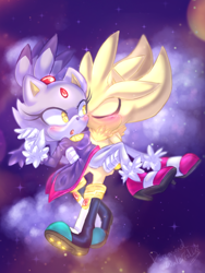 Size: 768x1024 | Tagged: safe, artist:diawaterfalls, blaze the cat, silver the hedgehog, cat, hedgehog, 2018, artist signature, carrying them, duo, female, flying, male, shipping, silvaze, space, straight, super form, super silver