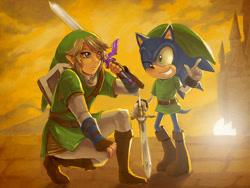 Size: 2000x1500 | Tagged: safe, artist:chobitsg, sonic the hedgehog, hedgehog, human, 2014, abstract background, belt, boots, clouds, cosplay, crossover, duo, duo male, fingerless gloves, gloves, hat, lineless, link (loz), male, males only, master sword, shield, smile, sonic lost world, sun, sword, the legend of zelda, wink