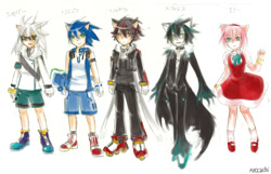 Size: 1500x965 | Tagged: safe, artist:chobitsg, amy rose, mephiles the dark, shadow the hedgehog, silver the hedgehog, sonic the hedgehog, human, 2010, boots, cape, character name, clothes, dress, group, hedgehog ears, humanized, pants, partially humanized, rollerskates, shirt, shorts, simple background, skateboard, species swap, suit, text, torn cape, white background